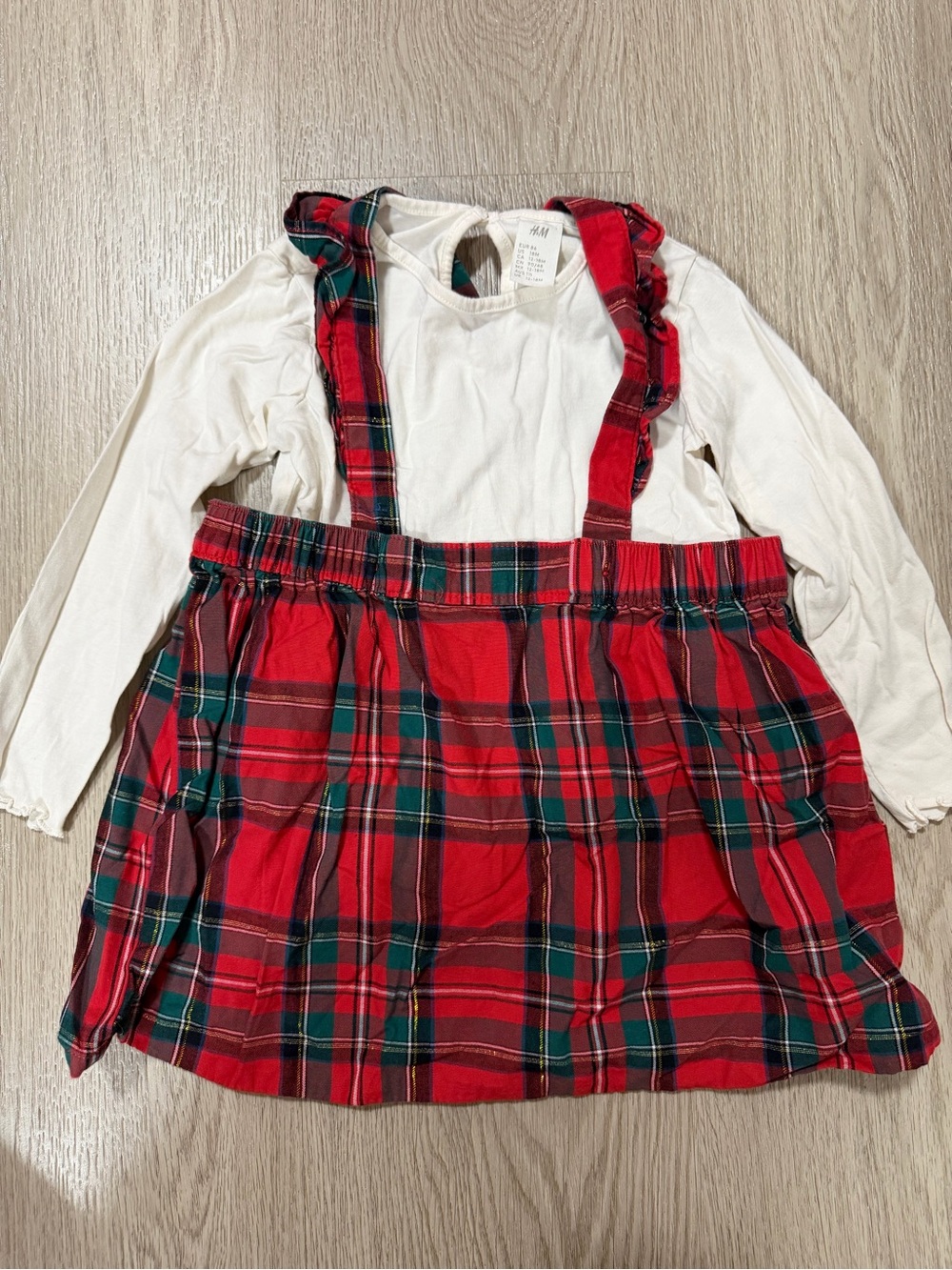 H&M Kids Red Plaid Suspender Skirt Longsleeves Set